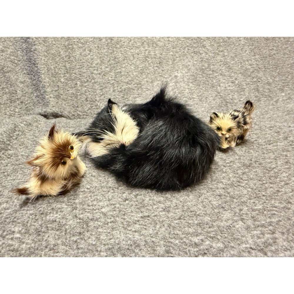 Vintage Real Rabbit Fur Cat Figurine Set Sleeping Tuxedo and Two Kittens 3pc